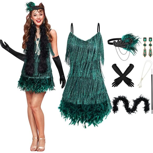 1920s Flapper Accessories Set Women's Costume Vintage Sequined Dress Feather Boa - Picture 2 of 6
